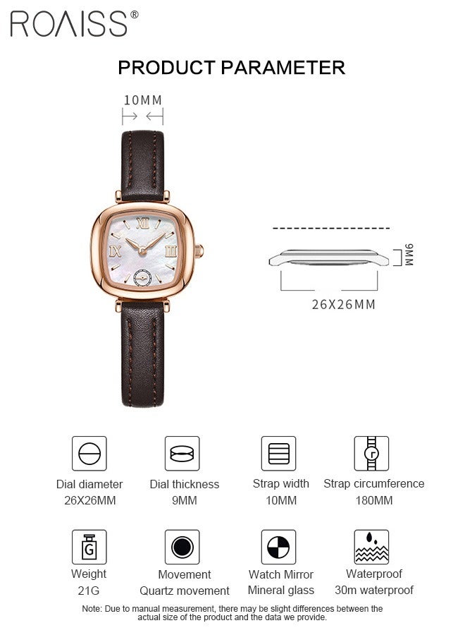 Leather Strap Quartz Watch for Women, Analog Display Square Fritillary Texture Dial, Simple Exquisite Fashionable Waterproof Wristwatch as Gift for Ladies