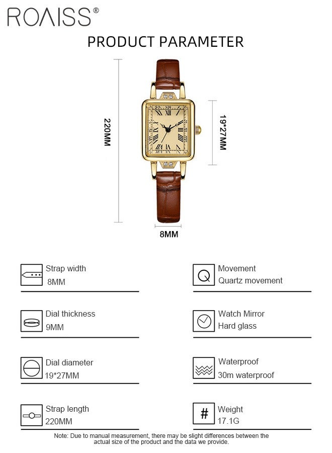 Women's Leather Strap Quartz Watch, Analog Display Rectangle Dial with Roman Numeral Scales, Retro Chic Waterproof Wristwatch as Gift for Ladies