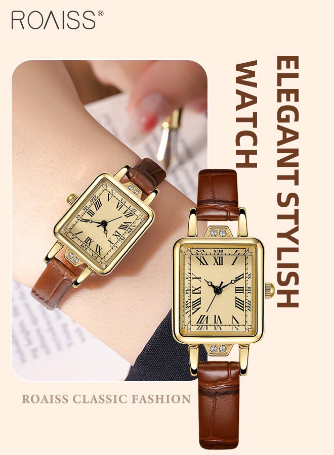 Women's Leather Strap Quartz Watch, Analog Display Rectangle Dial with Roman Numeral Scales, Retro Chic Waterproof Wristwatch as Gift for Ladies