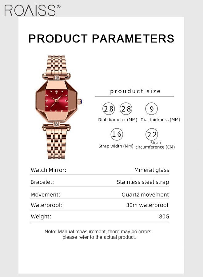 Steel Band Quartz Watch for Women, Analog Display Octagon Red Dial with Rhinestones Decoration, Luxurious Waterproof Wristwatch as Gift for Ladies