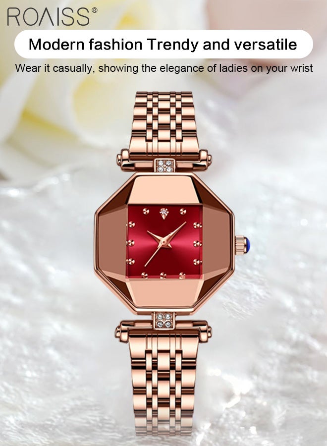 Steel Band Quartz Watch for Women, Analog Display Octagon Red Dial with Rhinestones Decoration, Luxurious Waterproof Wristwatch as Gift for Ladies