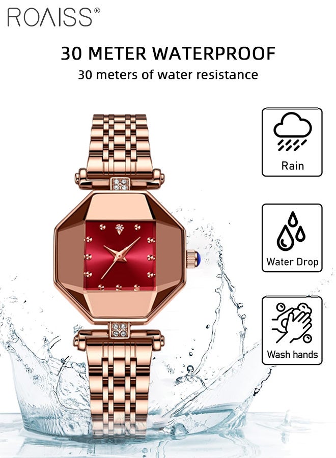 Steel Band Quartz Watch for Women, Analog Display Octagon Red Dial with Rhinestones Decoration, Luxurious Waterproof Wristwatch as Gift for Ladies