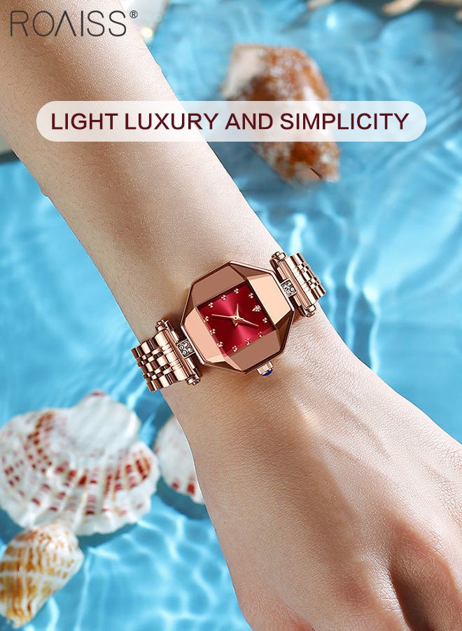 Steel Band Quartz Watch for Women, Analog Display Octagon Red Dial with Rhinestones Decoration, Luxurious Waterproof Wristwatch as Gift for Ladies