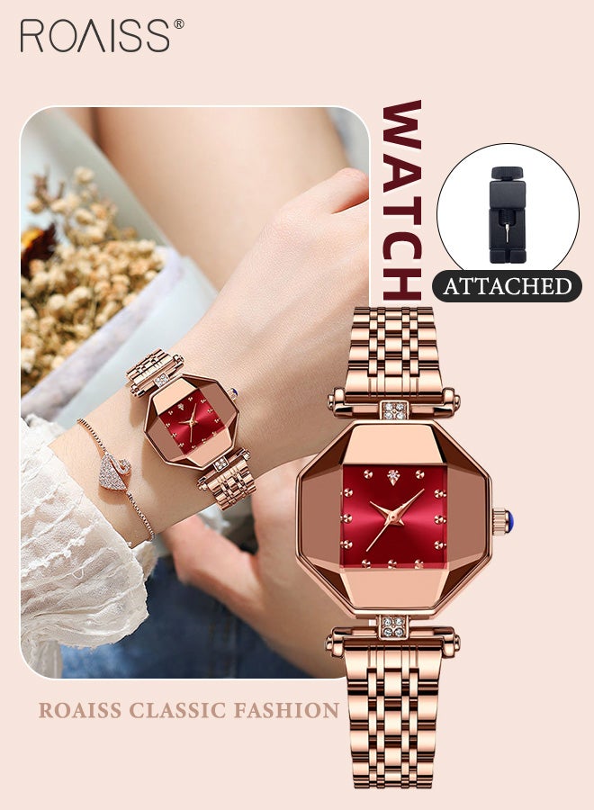 Steel Band Quartz Watch for Women, Analog Display Octagon Red Dial with Rhinestones Decoration, Luxurious Waterproof Wristwatch as Gift for Ladies