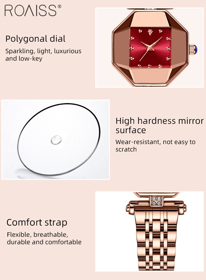 Steel Band Quartz Watch for Women, Analog Display Octagon Red Dial with Rhinestones Decoration, Luxurious Waterproof Wristwatch as Gift for Ladies