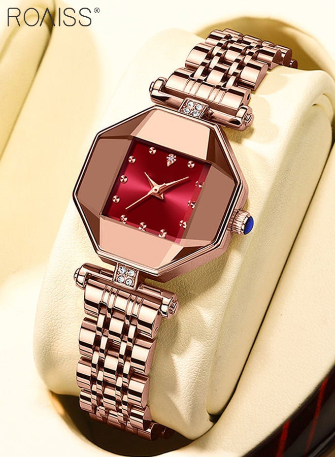 Steel Band Quartz Watch for Women, Analog Display Octagon Red Dial with Rhinestones Decoration, Luxurious Waterproof Wristwatch as Gift for Ladies