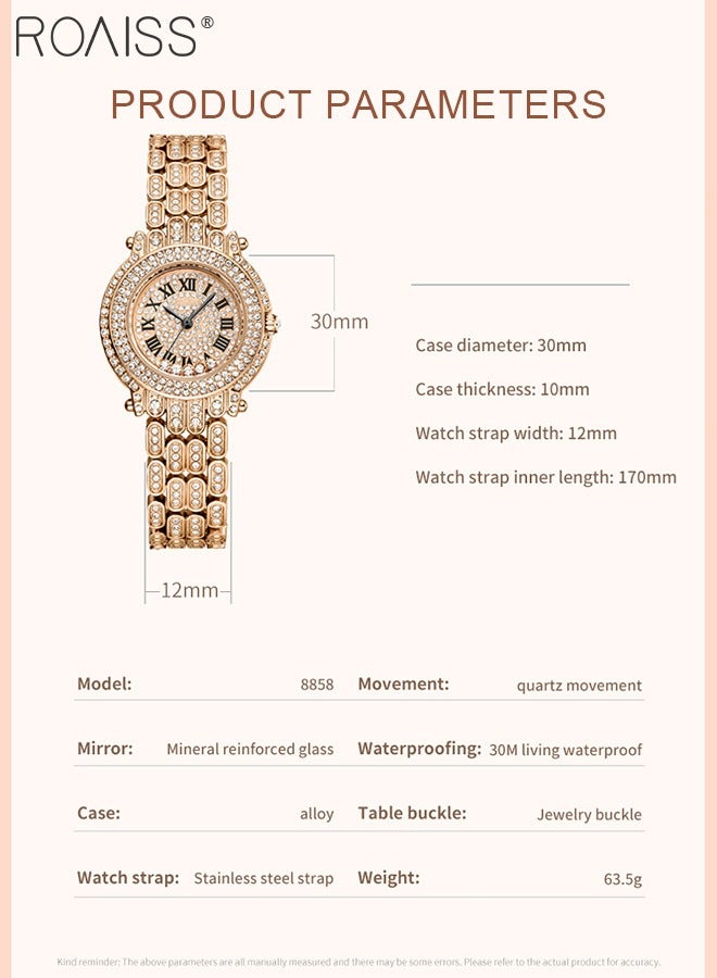 Women's Steel Band Quartz Watch, Analog Display Round Dial with Zirconium Diamonds Decoration, Waterproof Luxurious Wristwatch as Gift for Ladies