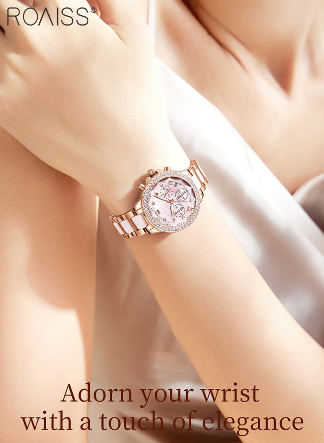 Women's Ceramic Band Chronograph Quartz Watch Round Dial with Diamonds Decoration and Date Display Waterproof Luminous Luxurious Wristwatch as Gift for Ladies