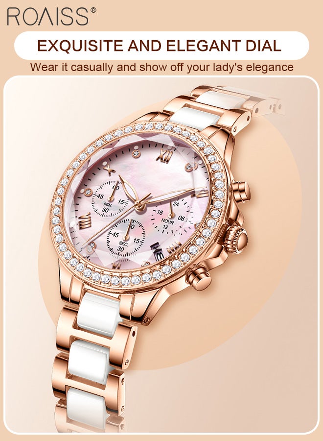 Women's Ceramic Band Chronograph Quartz Watch Round Dial with Diamonds Decoration and Date Display Waterproof Luminous Luxurious Wristwatch as Gift for Ladies