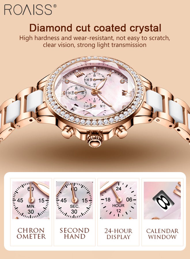 Women's Ceramic Band Chronograph Quartz Watch Round Dial with Diamonds Decoration and Date Display Waterproof Luminous Luxurious Wristwatch as Gift for Ladies