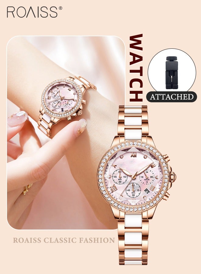 Women's Ceramic Band Chronograph Quartz Watch Round Dial with Diamonds Decoration and Date Display Waterproof Luminous Luxurious Wristwatch as Gift for Ladies