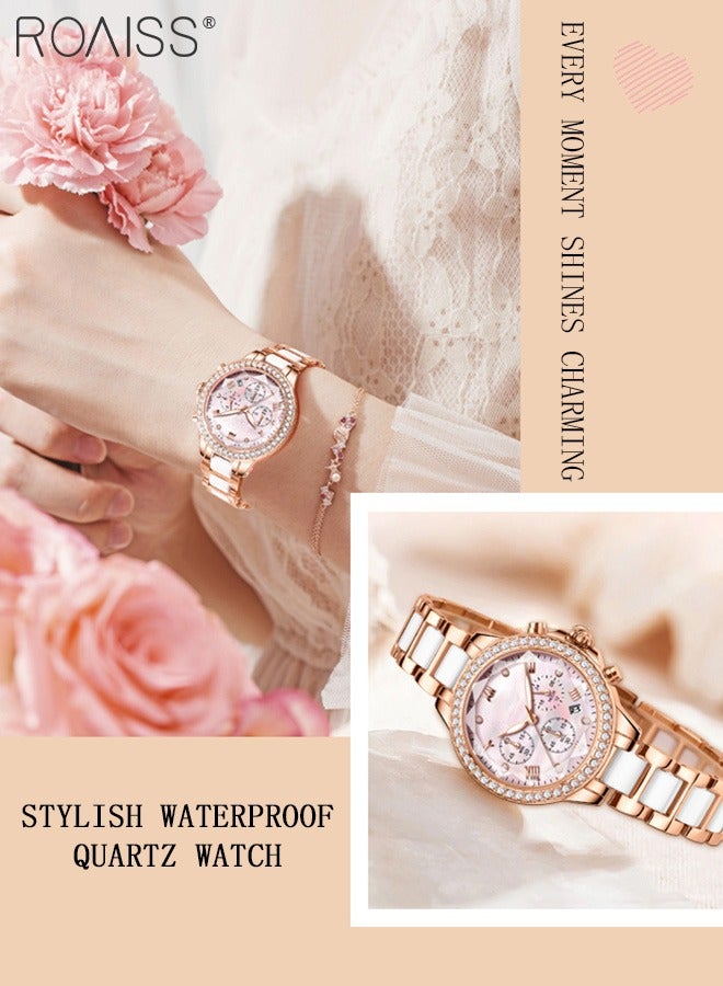 Women's Ceramic Band Chronograph Quartz Watch Round Dial with Diamonds Decoration and Date Display Waterproof Luminous Luxurious Wristwatch as Gift for Ladies