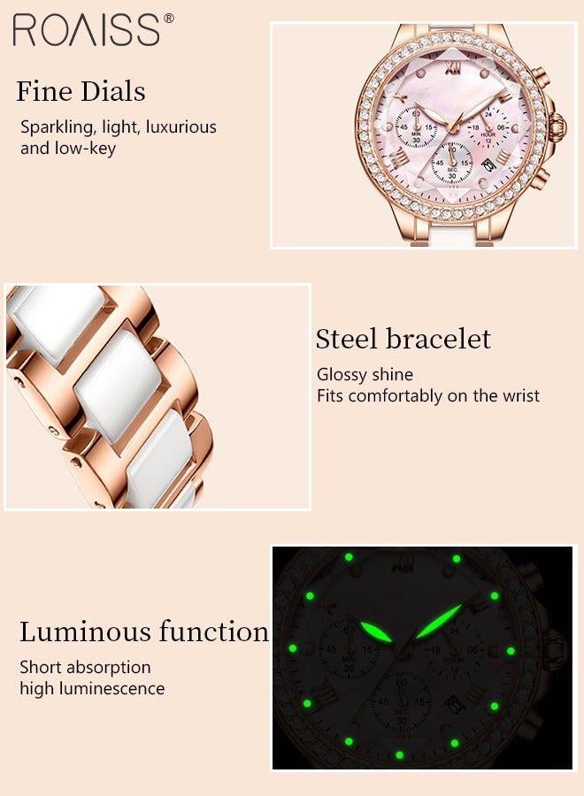 Women's Ceramic Band Chronograph Quartz Watch Round Dial with Diamonds Decoration and Date Display Waterproof Luminous Luxurious Wristwatch as Gift for Ladies