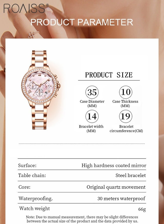 Women's Ceramic Band Chronograph Quartz Watch Round Dial with Diamonds Decoration and Date Display Waterproof Luminous Luxurious Wristwatch as Gift for Ladies