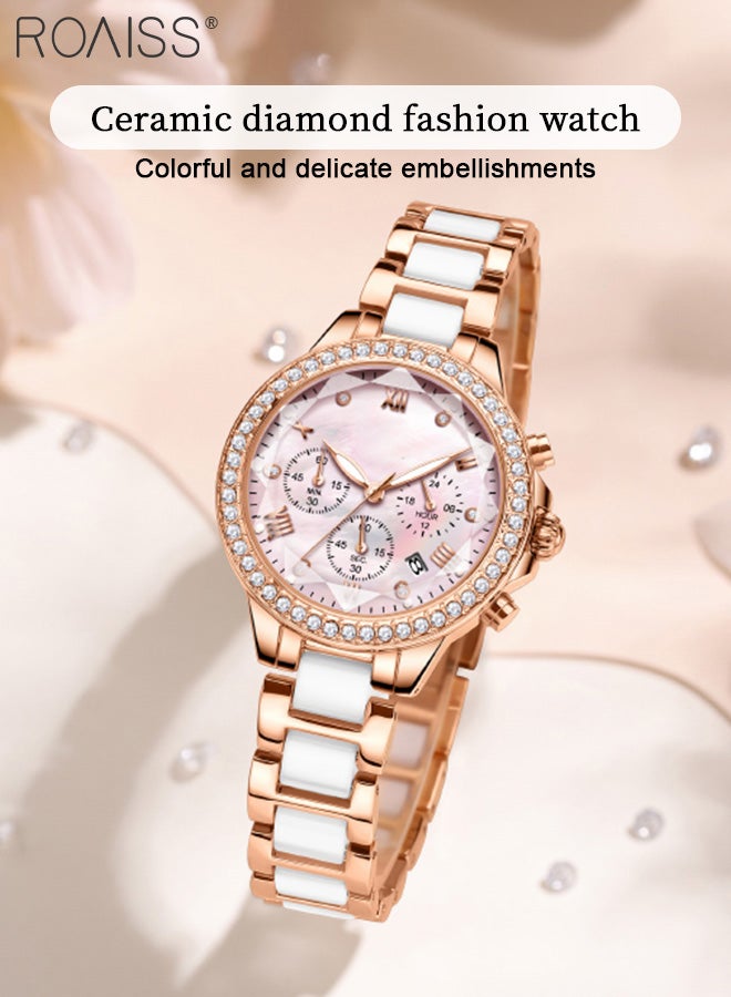 Women's Ceramic Band Chronograph Quartz Watch Round Dial with Diamonds Decoration and Date Display Waterproof Luminous Luxurious Wristwatch as Gift for Ladies