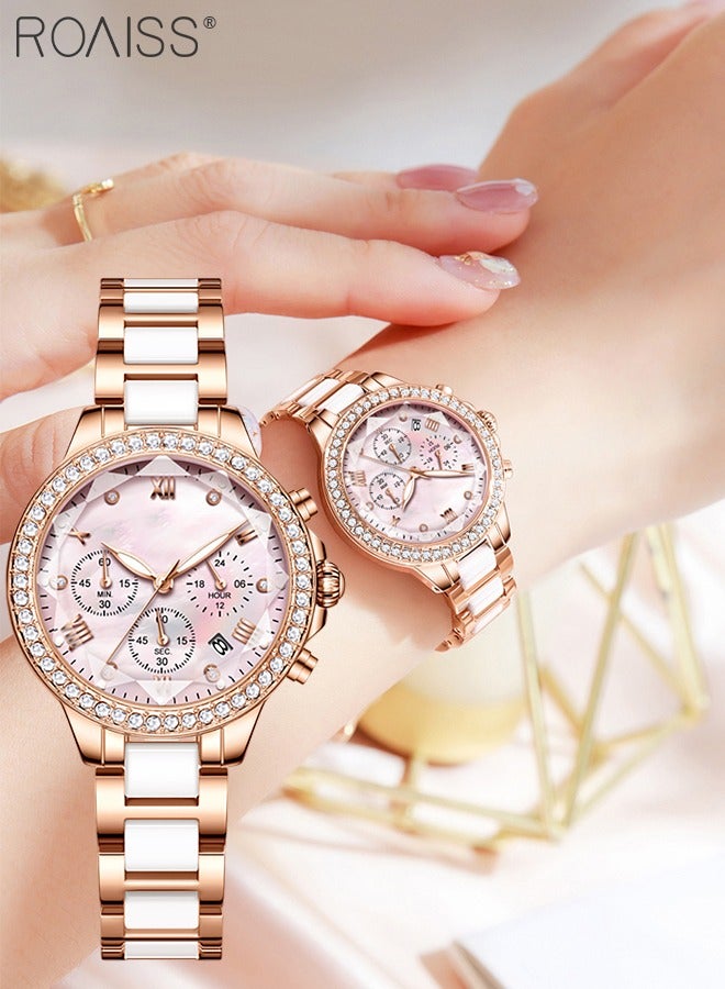 Women's Ceramic Band Chronograph Quartz Watch Round Dial with Diamonds Decoration and Date Display Waterproof Luminous Luxurious Wristwatch as Gift for Ladies