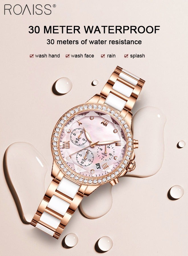 Women's Ceramic Band Chronograph Quartz Watch Round Dial with Diamonds Decoration and Date Display Waterproof Luminous Luxurious Wristwatch as Gift for Ladies