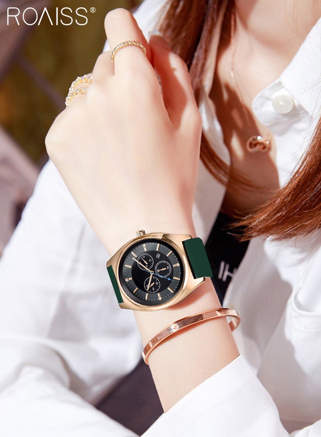 Women's Silicone Strap Quartz Watch, Analog Display Round Dial with Decorative Sub-dials, Waterproof Luminous Luxurious Wristwatch as Gift for Ladies