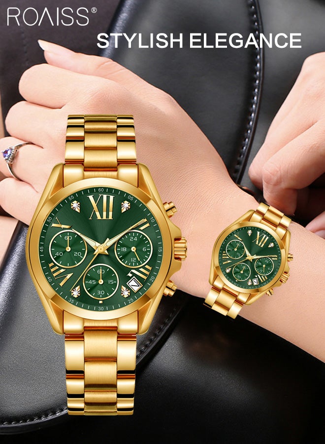 Women's Steel Band Chronograph Quartz Watch Round Green Dial with Calendar Display Waterproof Luxurious Wristwatch with meter regulator as Gift for Ladies