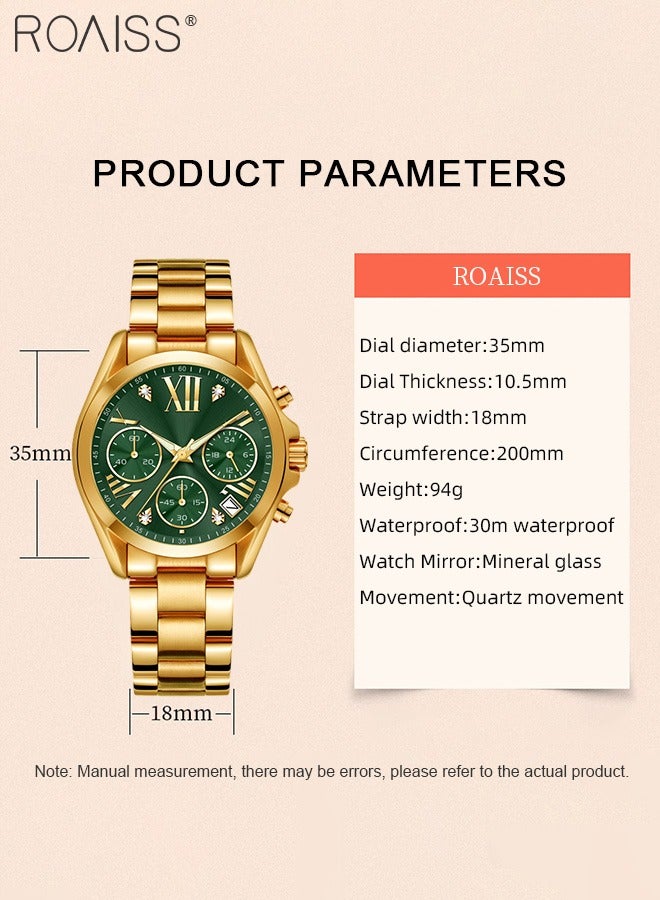 Women's Steel Band Chronograph Quartz Watch Round Green Dial with Calendar Display Waterproof Luxurious Wristwatch with meter regulator as Gift for Ladies