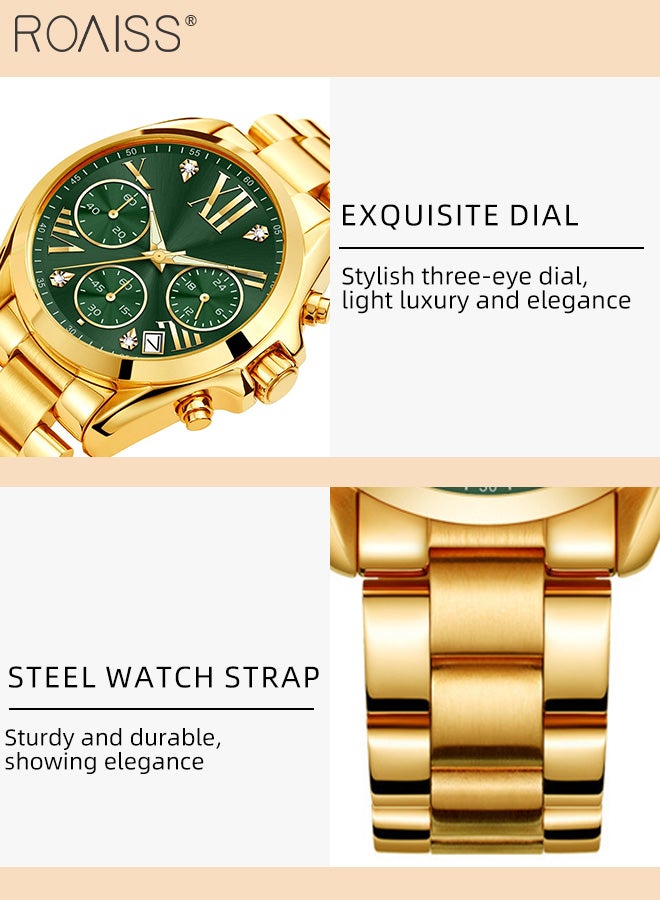 Women's Steel Band Chronograph Quartz Watch Round Green Dial with Calendar Display Waterproof Luxurious Wristwatch with meter regulator as Gift for Ladies