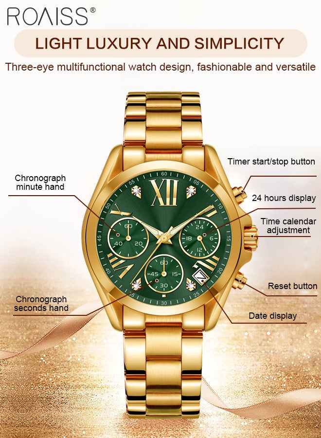 Women's Steel Band Chronograph Quartz Watch Round Green Dial with Calendar Display Waterproof Luxurious Wristwatch with meter regulator as Gift for Ladies