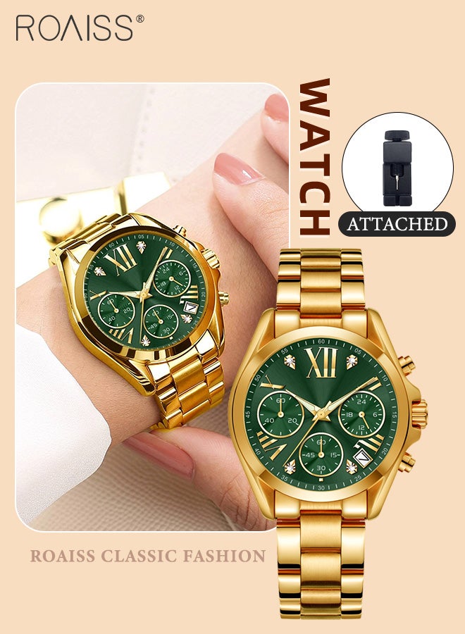 Women's Steel Band Chronograph Quartz Watch Round Green Dial with Calendar Display Waterproof Luxurious Wristwatch with meter regulator as Gift for Ladies