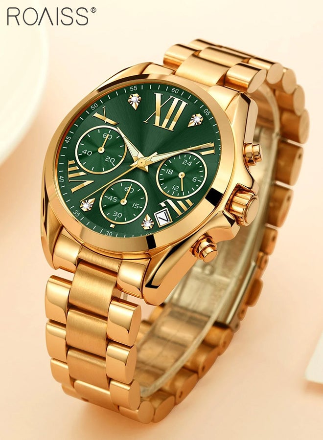 Women's Steel Band Chronograph Quartz Watch Round Green Dial with Calendar Display Waterproof Luxurious Wristwatch with meter regulator as Gift for Ladies