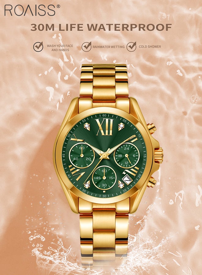 Women's Steel Band Chronograph Quartz Watch Round Green Dial with Calendar Display Waterproof Luxurious Wristwatch with meter regulator as Gift for Ladies