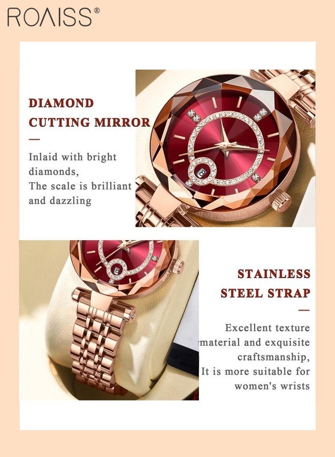 Women's Steel Strap Quartz Watch Analog Display Round Dial with Zirconium Diamonds Decoration and Rhombus Cut Design Waterproof Luxurious Wristwatch as Gift for Ladies