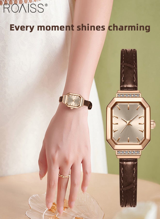 Women's Leather Strap Quartz Watch, Analog Display Octagonal Dial Decorated with Rhinestones, Waterproof Simple Elegant Wristwatch as Gift for Ladies