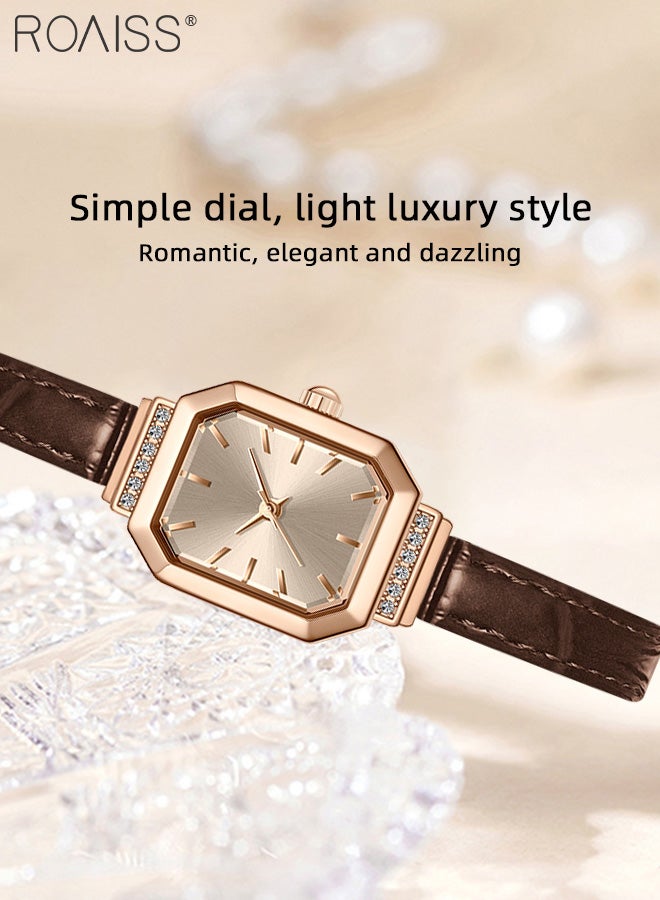 Women's Leather Strap Quartz Watch, Analog Display Octagonal Dial Decorated with Rhinestones, Waterproof Simple Elegant Wristwatch as Gift for Ladies