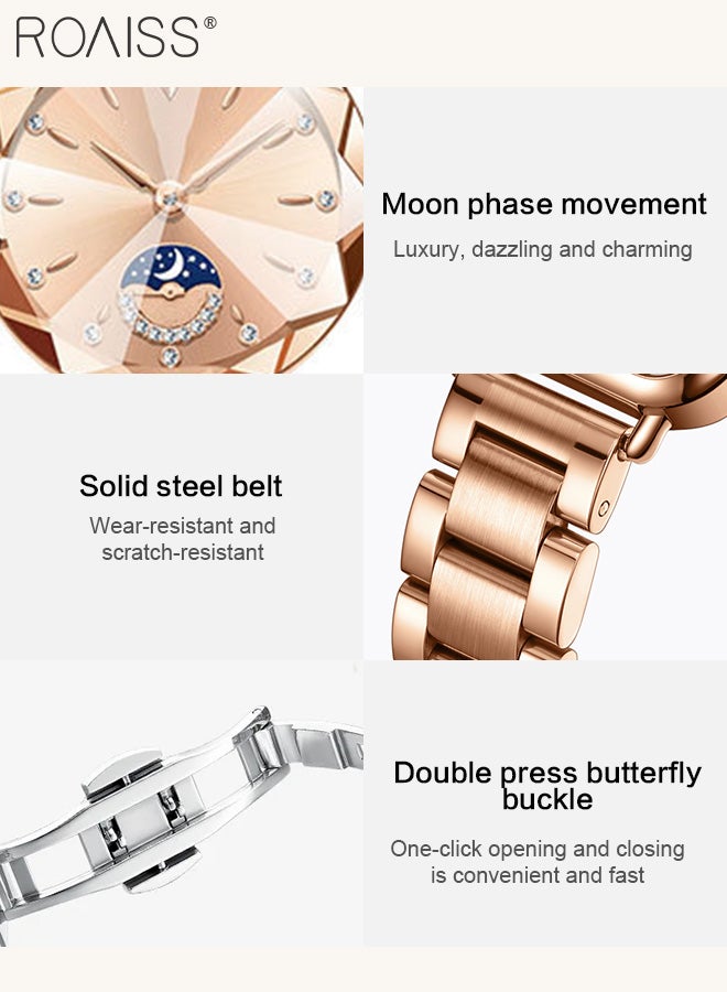 Women's Steel Band Quartz Watch, Analog Display Round Dial with Diamond Decoration with Moon Phase Display, Waterproof Elegant Wristwatch as Gift for Ladies