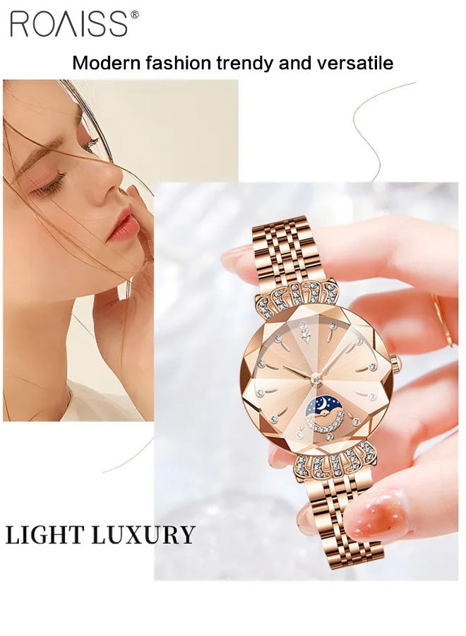 Women's Steel Band Quartz Watch, Analog Display Round Dial with Diamond Decoration with Moon Phase Display, Waterproof Elegant Wristwatch as Gift for Ladies