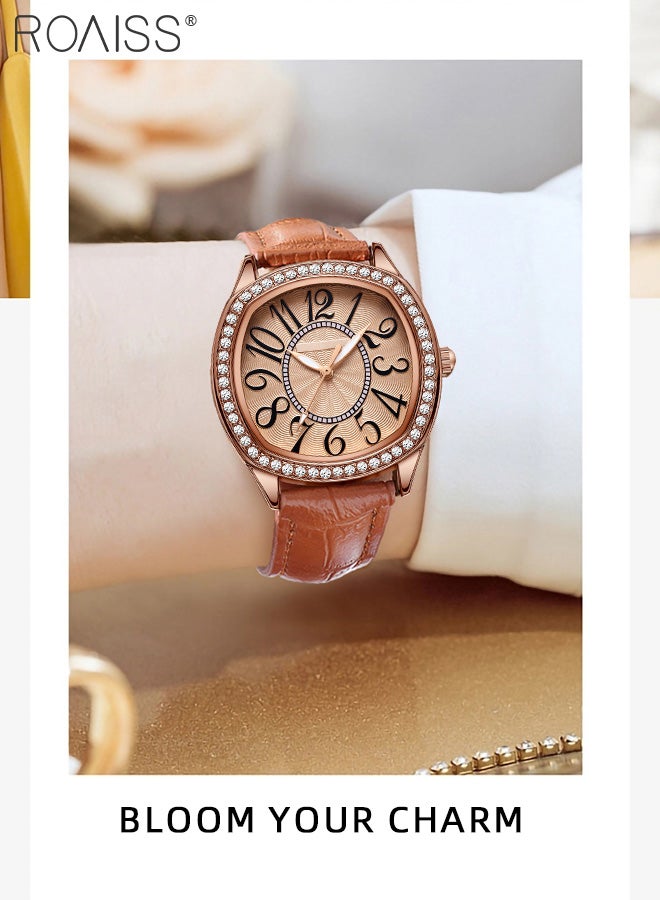 Women's PU Leather Quartz Watch, Analog Display Square Dial with Rhinestones Decorated Bezel, Waterproof Elegant Wristwatch as Gift for Ladies