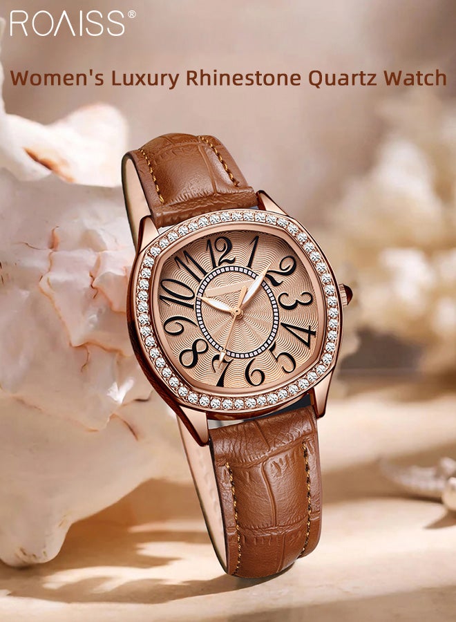 Women's PU Leather Quartz Watch, Analog Display Square Dial with Rhinestones Decorated Bezel, Waterproof Elegant Wristwatch as Gift for Ladies