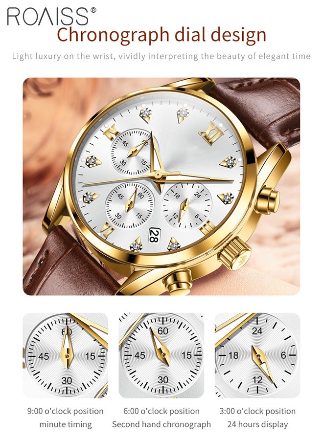 Women's Leather Strap Chronograph Quartz Watch Round Dial with Date Display Waterproof Luxurious Luminous Wristwatch as Gift for Ladies