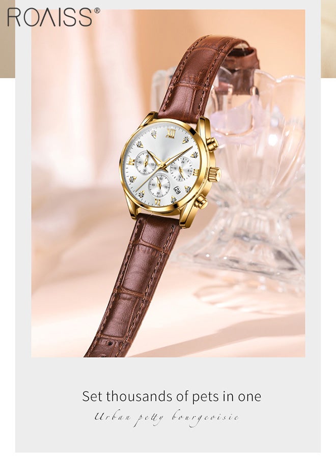 Women's Leather Strap Chronograph Quartz Watch Round Dial with Date Display Waterproof Luxurious Luminous Wristwatch as Gift for Ladies