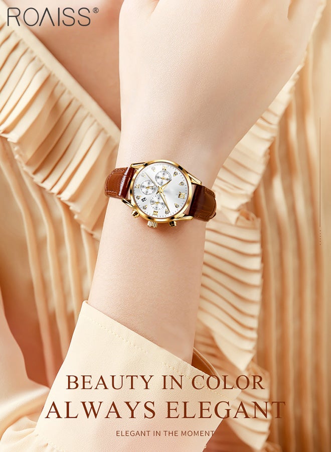 Women's Leather Strap Chronograph Quartz Watch Round Dial with Date Display Waterproof Luxurious Luminous Wristwatch as Gift for Ladies