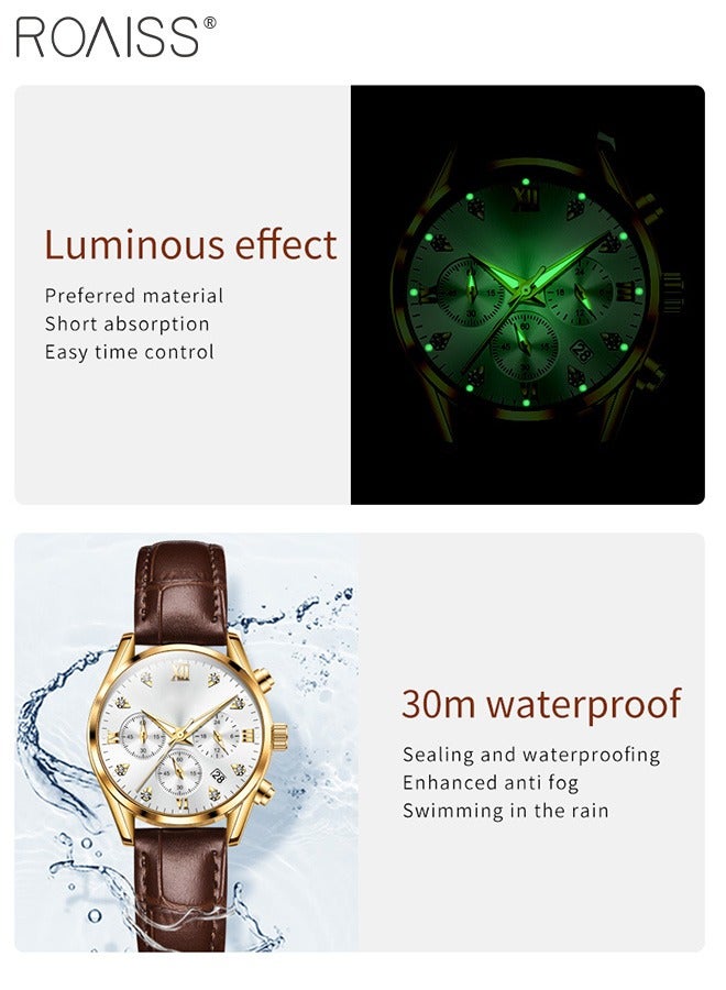 Women's Leather Strap Chronograph Quartz Watch Round Dial with Date Display Waterproof Luxurious Luminous Wristwatch as Gift for Ladies