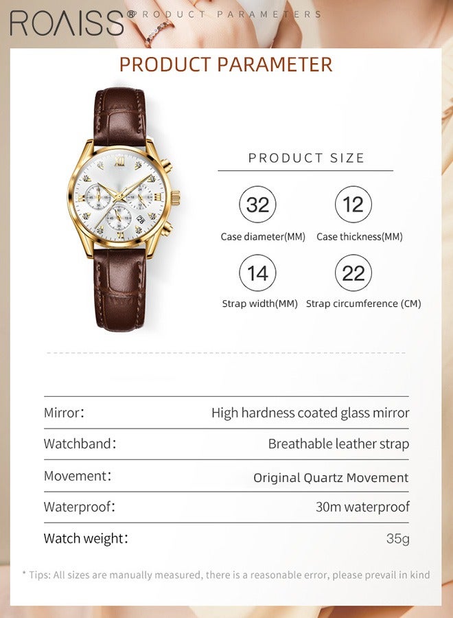 Women's Leather Strap Chronograph Quartz Watch Round Dial with Date Display Waterproof Luxurious Luminous Wristwatch as Gift for Ladies