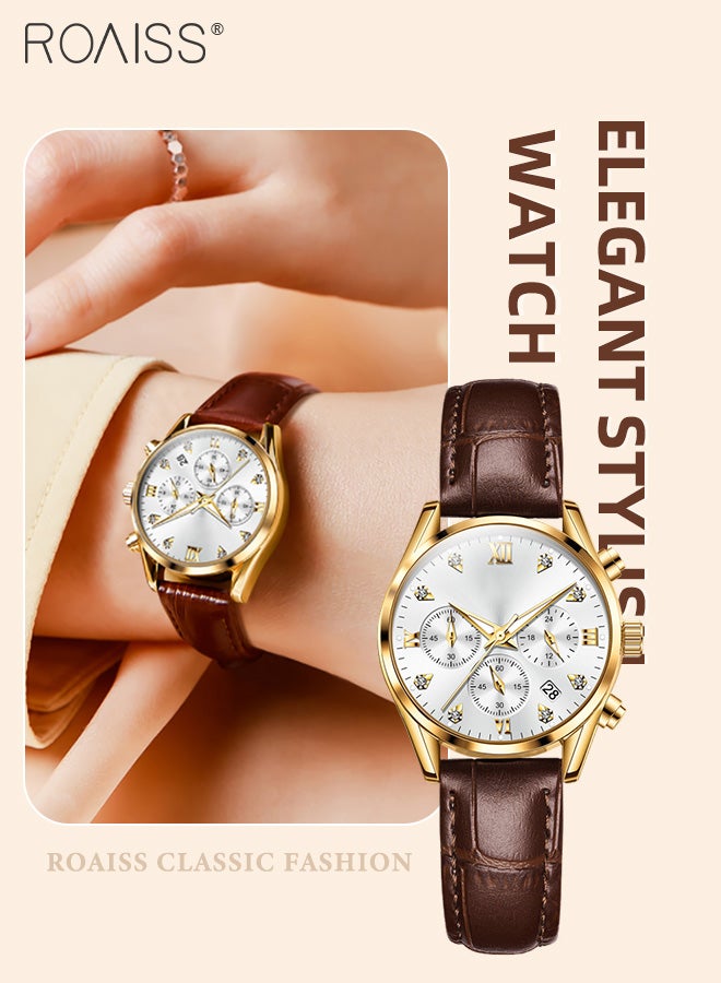 Women's Leather Strap Chronograph Quartz Watch Round Dial with Date Display Waterproof Luxurious Luminous Wristwatch as Gift for Ladies