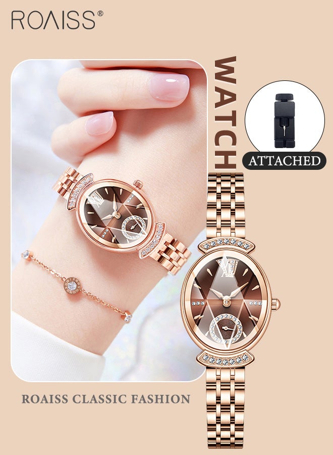 Women's Steel Band Quartz Watch, Analog Display Oval Dial with Rhinestones Decoration, Luxurious Waterproof Wristwatch with Small Second Hand Dial as Gift for Ladies