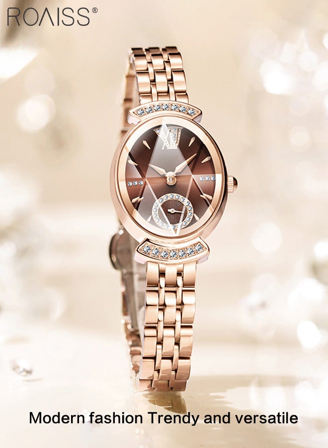 Women's Steel Band Quartz Watch, Analog Display Oval Dial with Rhinestones Decoration, Luxurious Waterproof Wristwatch with Small Second Hand Dial as Gift for Ladies