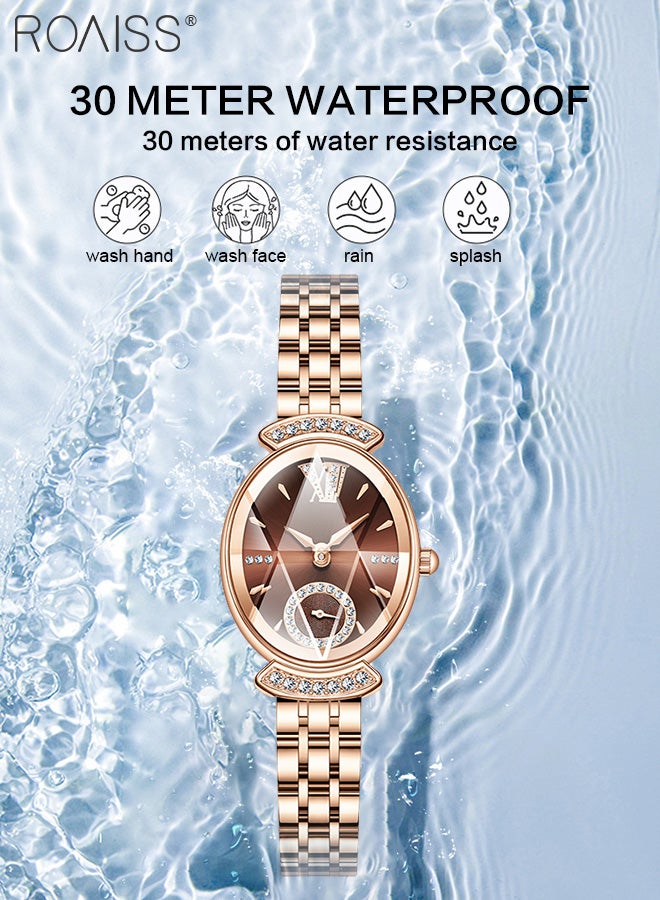 Women's Steel Band Quartz Watch, Analog Display Oval Dial with Rhinestones Decoration, Luxurious Waterproof Wristwatch with Small Second Hand Dial as Gift for Ladies