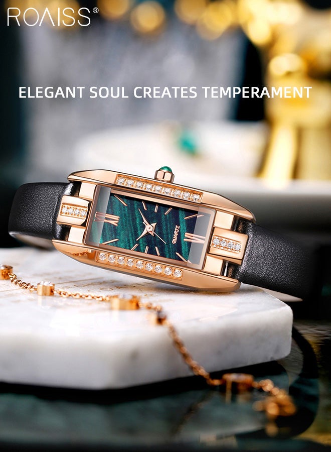 Women's Leather Strap Quartz Watch, Analog Display Rectangle Dial with Zirconium Diamonds Decoration, Fashionable Retro Waterproof Wristwatch as Gift for Ladies