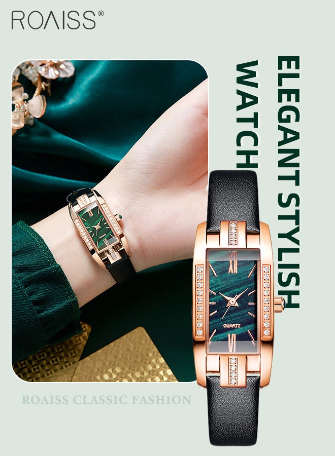 Women's Leather Strap Quartz Watch, Analog Display Rectangle Dial with Zirconium Diamonds Decoration, Fashionable Retro Waterproof Wristwatch as Gift for Ladies