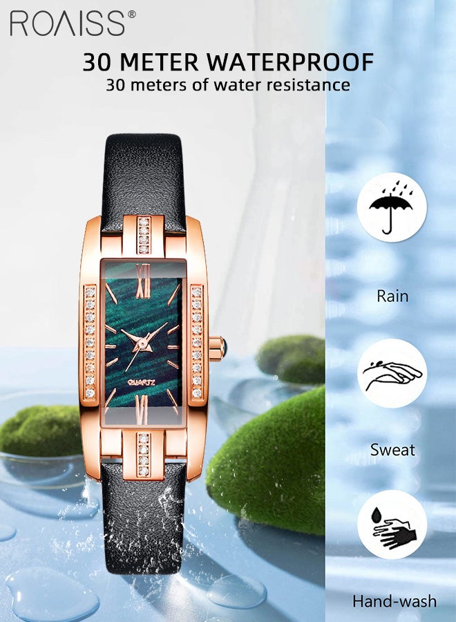 Women's Leather Strap Quartz Watch, Analog Display Rectangle Dial with Zirconium Diamonds Decoration, Fashionable Retro Waterproof Wristwatch as Gift for Ladies