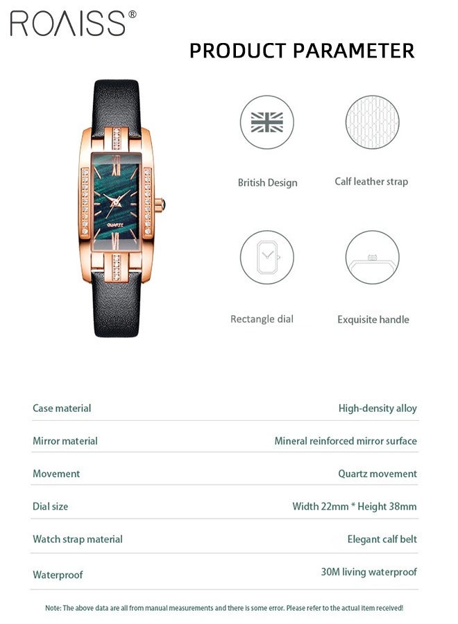 Women's Leather Strap Quartz Watch, Analog Display Rectangle Dial with Zirconium Diamonds Decoration, Fashionable Retro Waterproof Wristwatch as Gift for Ladies