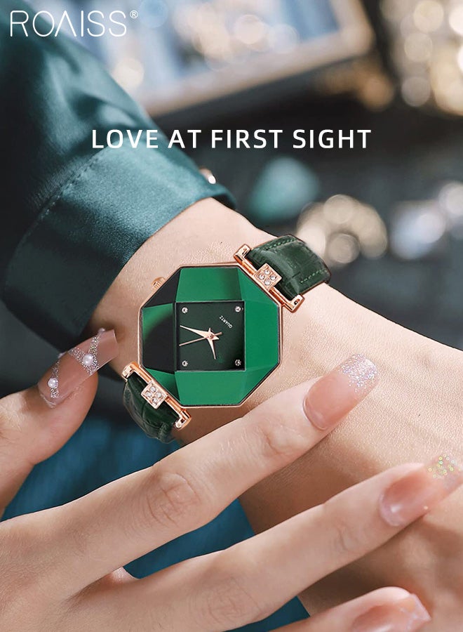 Women's Leather Strap Quartz Watch, Analog Display Green Rhombus Dial with Rhombus Cut Mirror, Luxurious Waterproof Wristwatch as Gift for Ladies